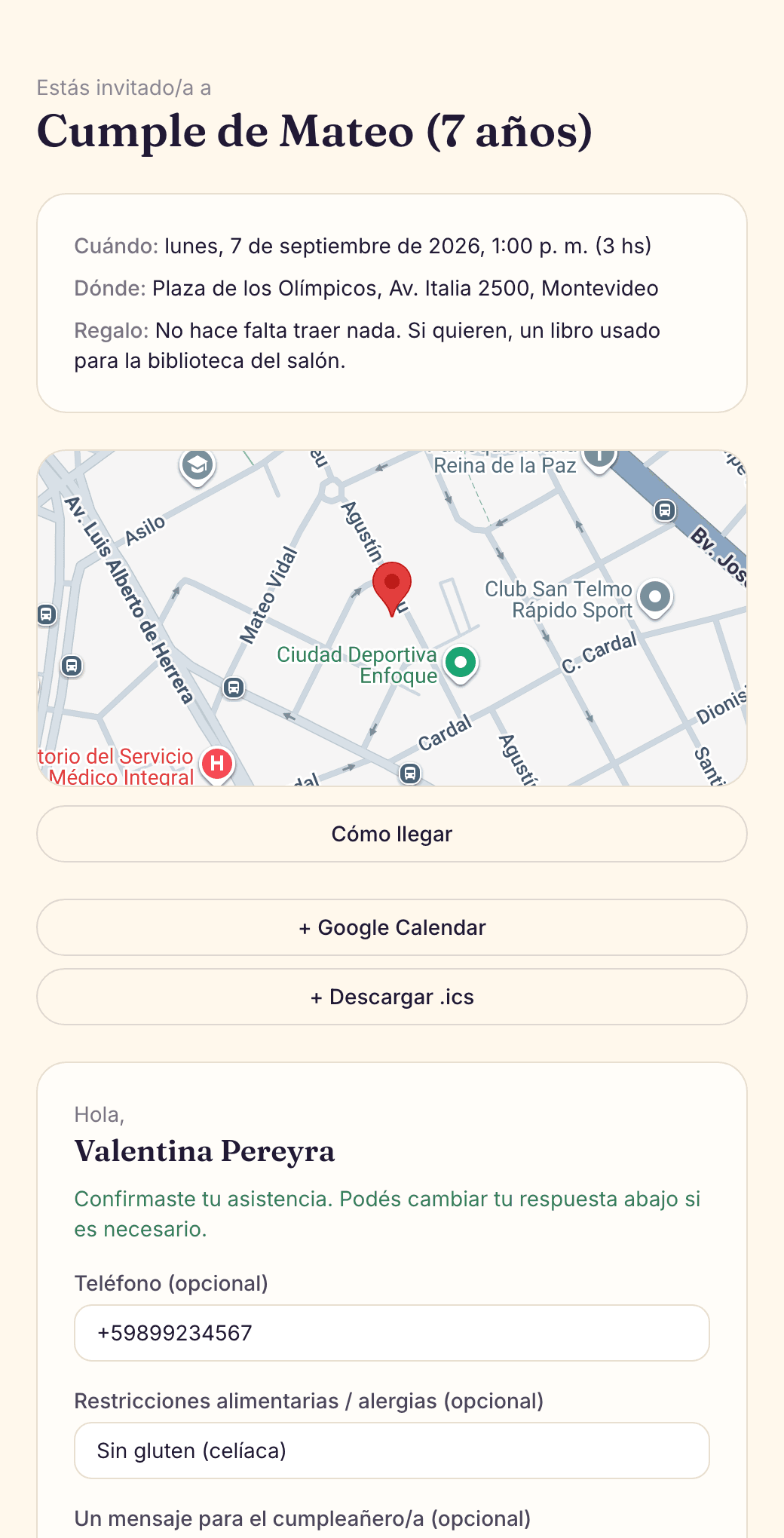 Invitación con la fecha, el mapa del lugar y los botones para confirmar